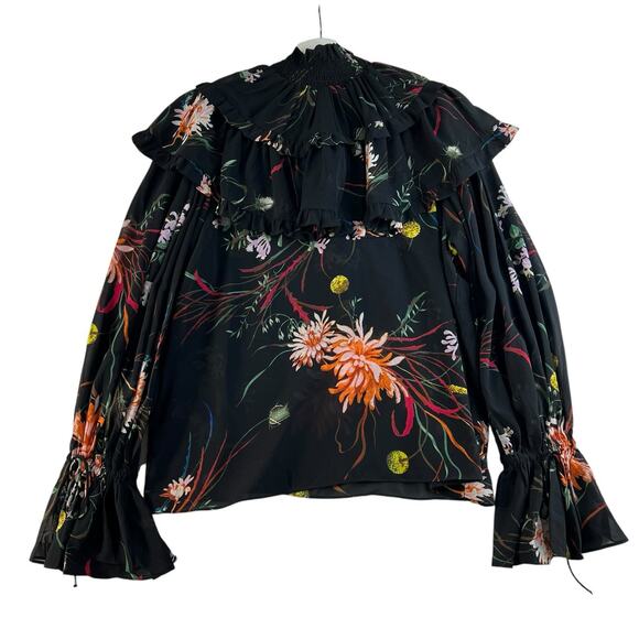 H&M Medium M Frill Ruffle Trimmed Chiffon Blouse Black Floral Smocked High Neck - Picture 4 of 16